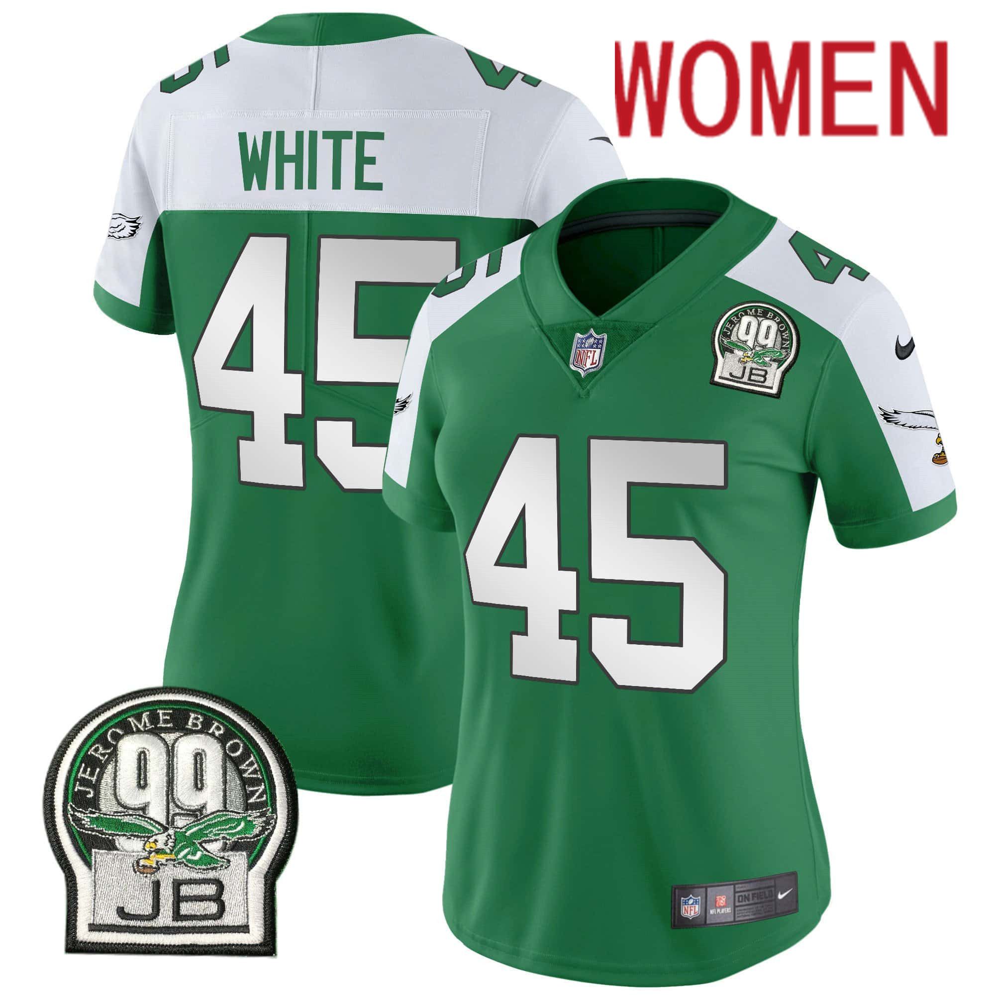 Women Philadelphia Eagles #45 White Green 2024 Nike Jerome Brown Patch Alternate Limited NFL Jersey